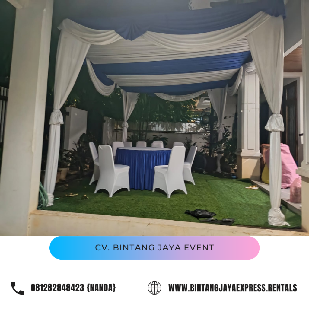 Sewa Tenda Dekor serut Tirai Putih Biru Dan Meja Kursi Jakarta