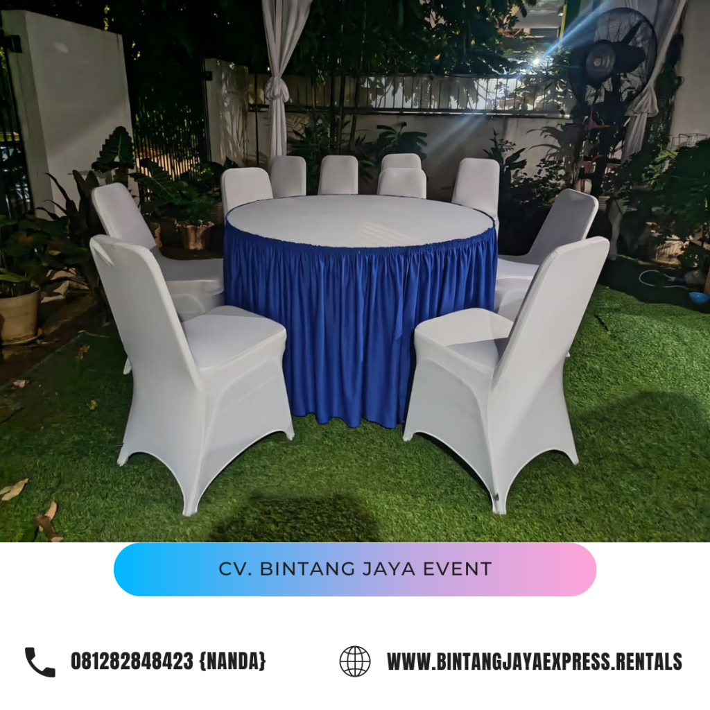 Sewa Tenda Dekor serut Tirai Putih Biru Dan Meja Kursi Jakarta