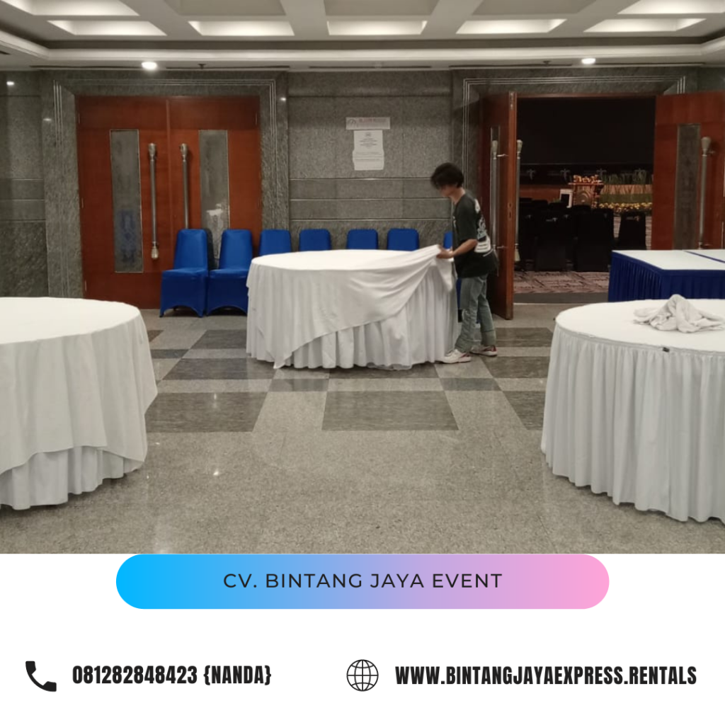 Sewa Tenda Dekor serut Tirai Putih Biru Dan Meja Kursi Jakarta