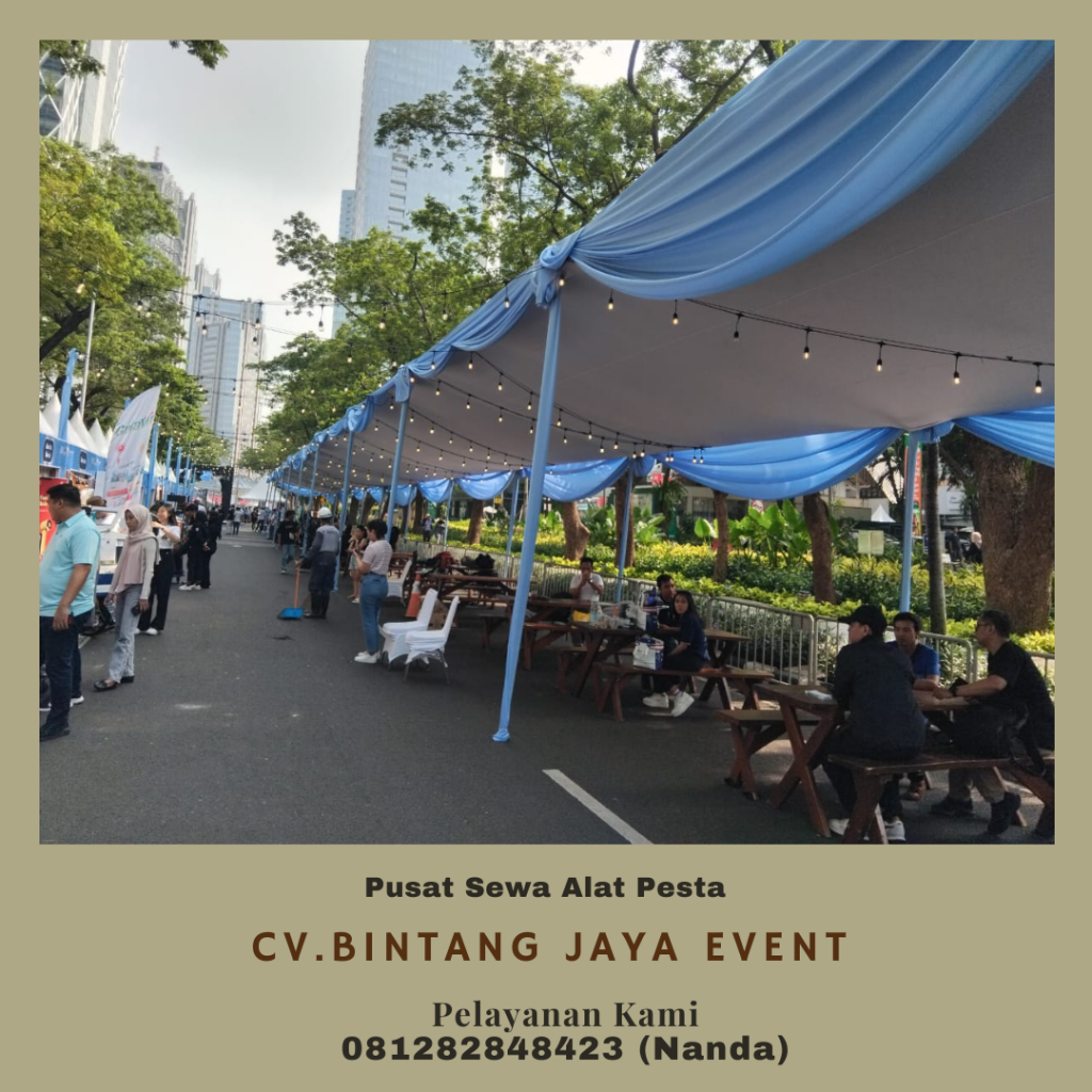 Pusat Sewa Tenda Konvensional Plafon Putih Rumbai Biru Area Bogor