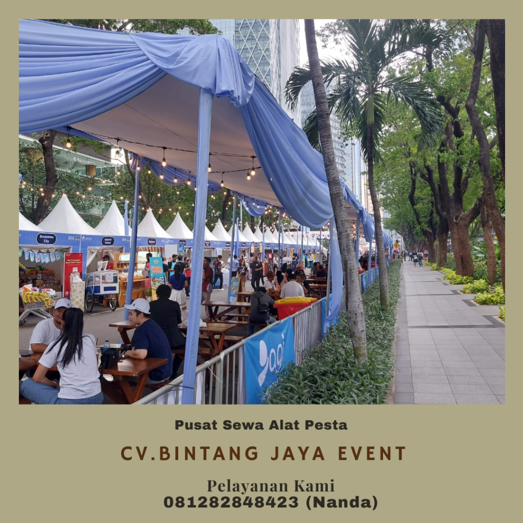 Pusat Sewa Tenda Konvensional Plafon Putih Rumbai Biru Area Bogor