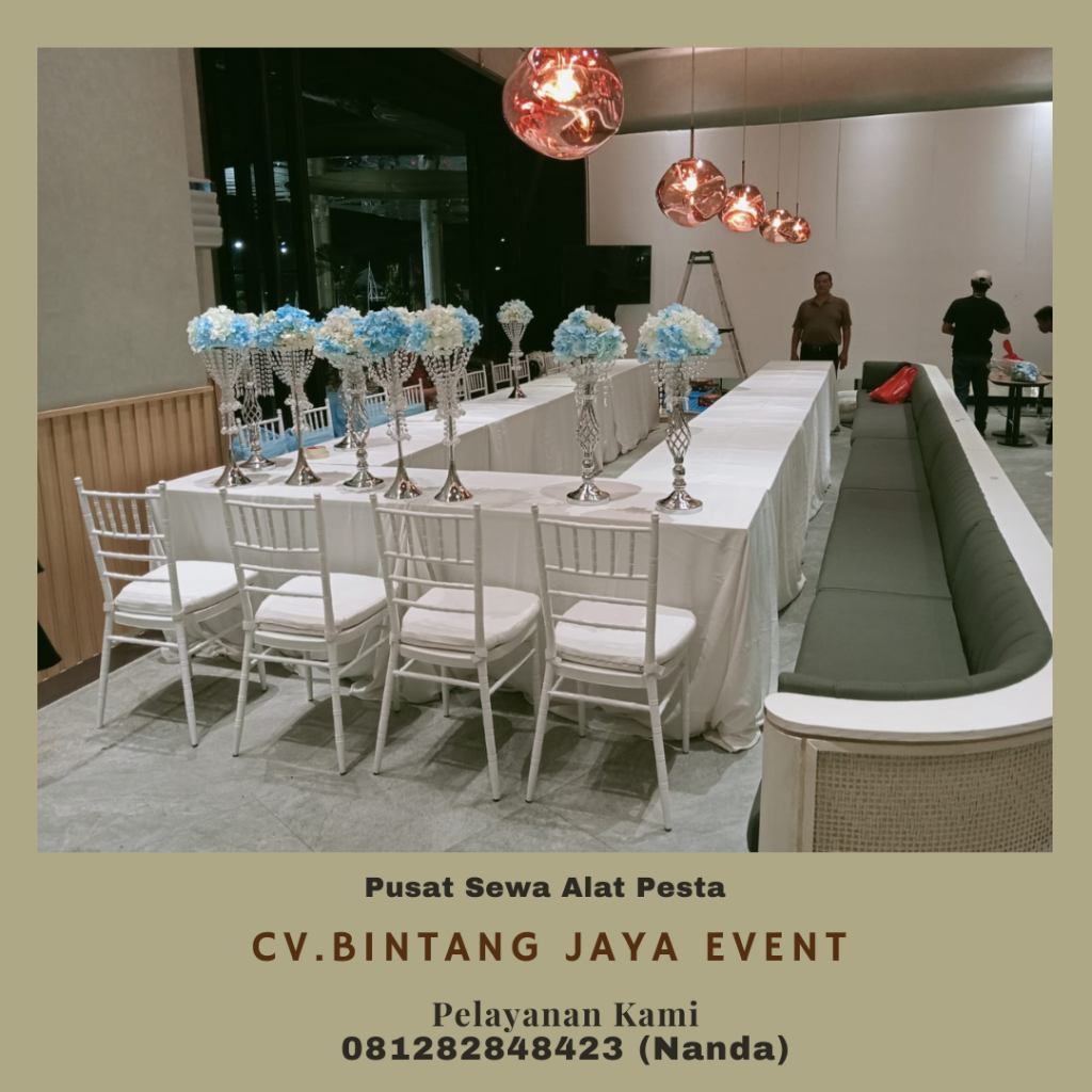 Sewa Kursi Tiffany Putih Kayu, Meja Kotak Setting Leter U Jakarta