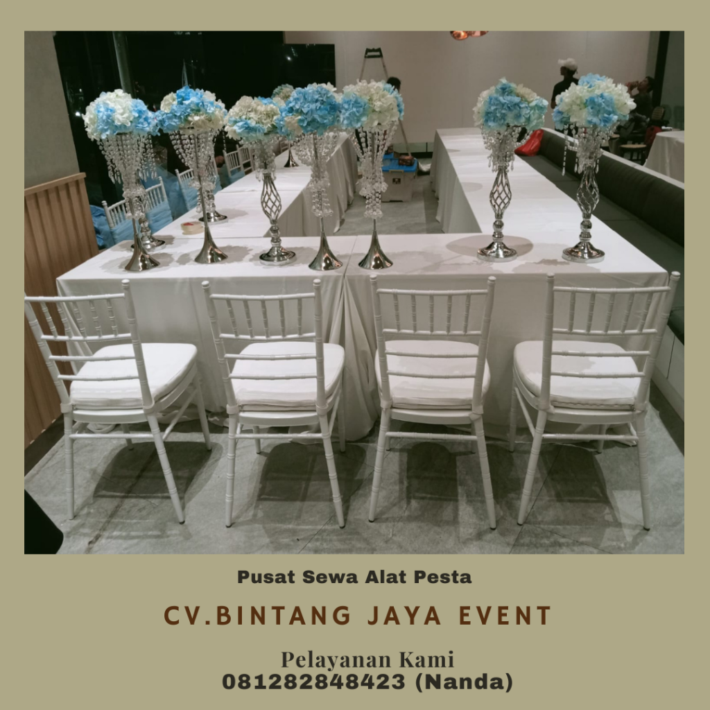 Sewa Kursi Tiffany Putih Kayu, Meja Kotak Setting Leter U Jakarta