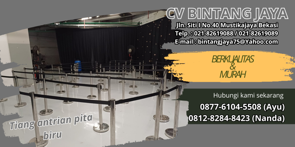 PUSAT SEWA TIANG PEMBATAS ANTRIAN STAINLESS DENGAN PITA TARIK BIRU JAKARTA