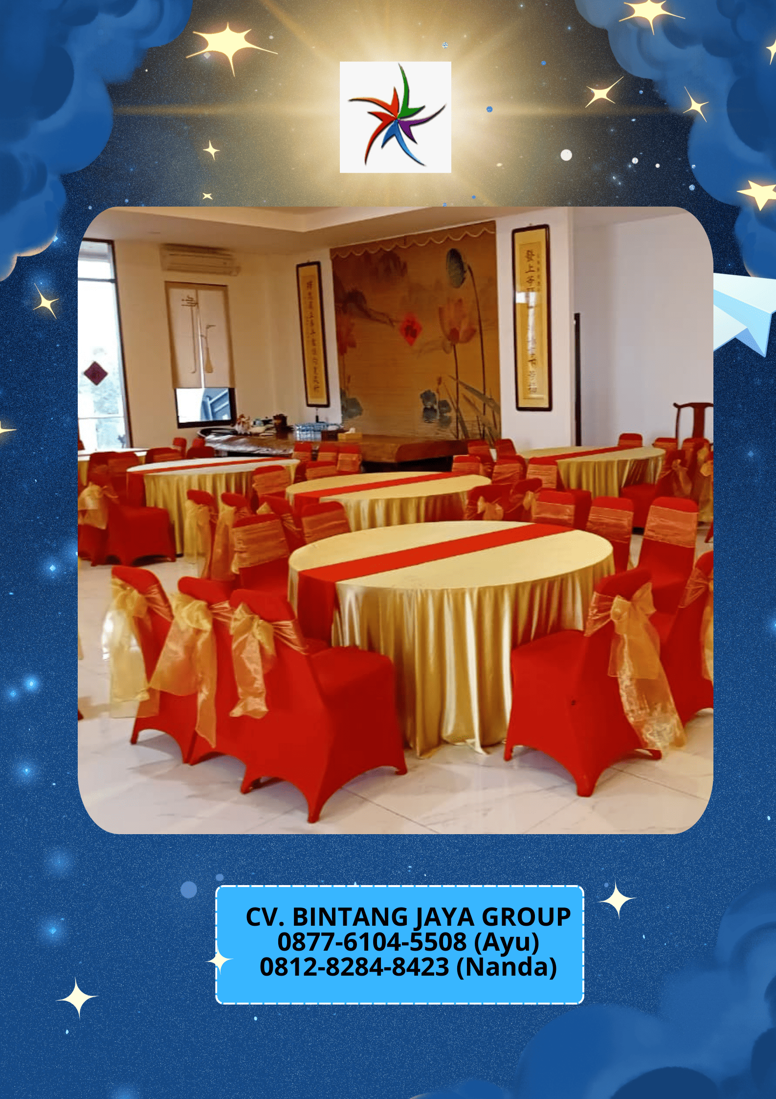 Sewa Kursi Cover Merah Pita Gold Dan meja bulat Cover Tebar Gold Runer Merah Bekasi