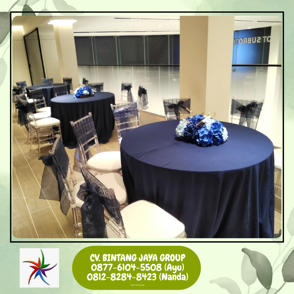 Jasa sewa Meja Bulat Cover Tebar Hitam Kursi Acrylic Bandung