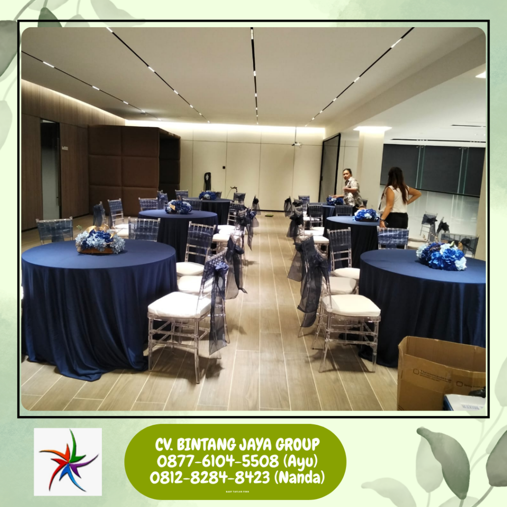 Jasa sewa Meja Bulat Cover Tebar Hitam Kursi Acrylic Bandung