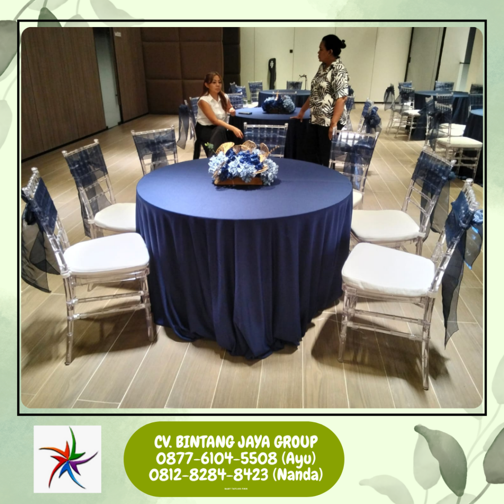Jasa sewa Meja Bulat Cover Tebar Hitam Kursi Acrylic Bandung