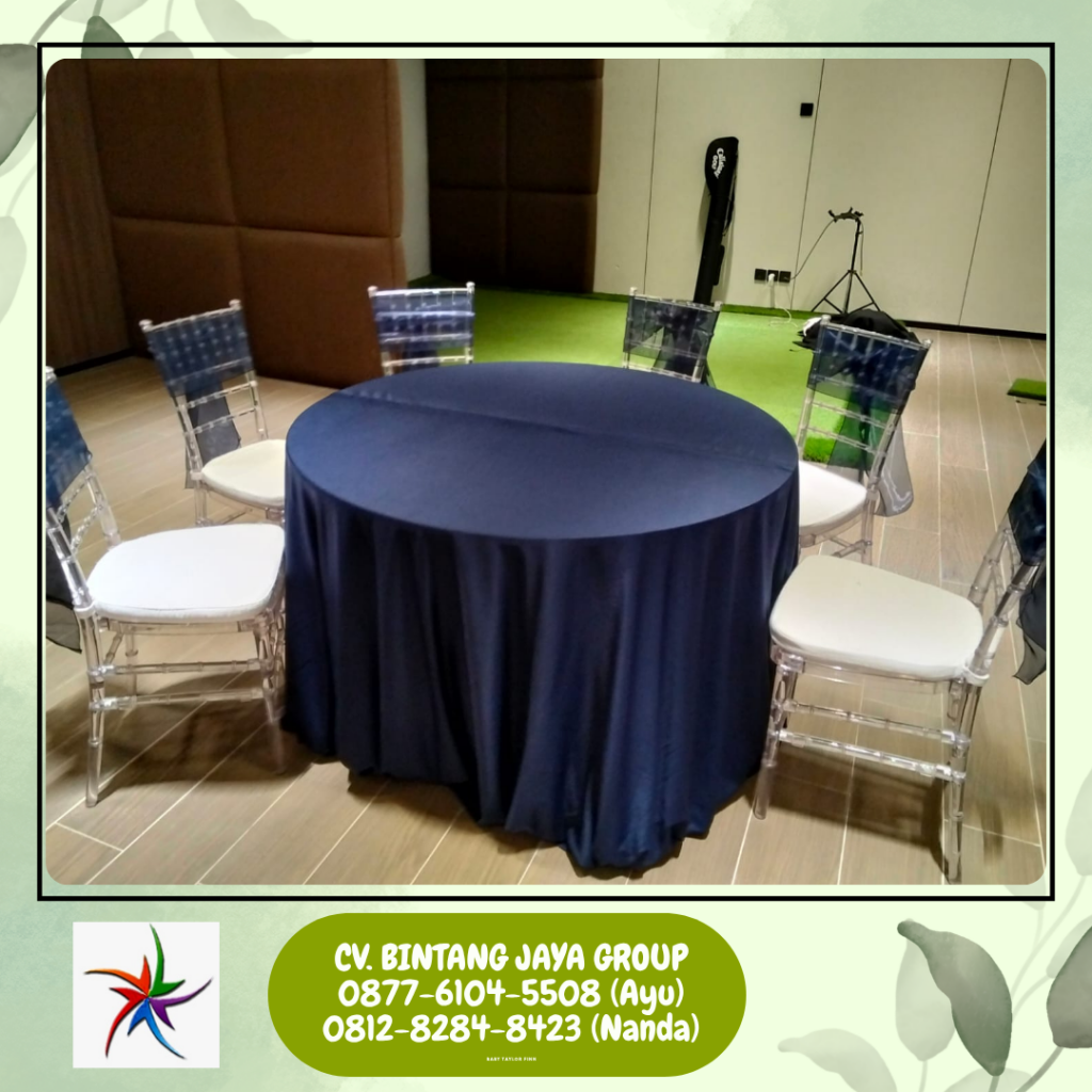 Jasa sewa Meja Bulat Cover Tebar Hitam Kursi Acrylic Bandung
